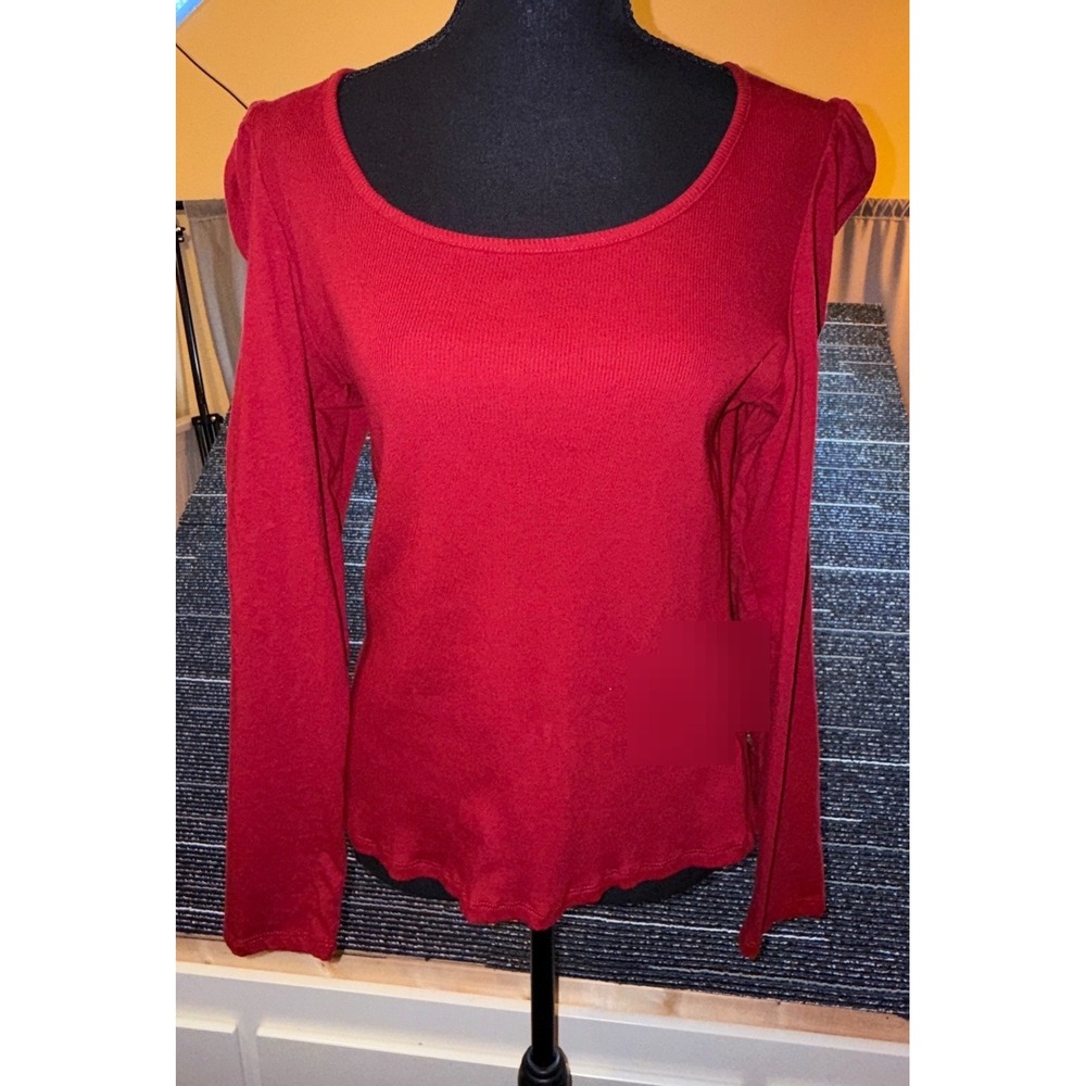 1.STATE Long Sleeve Top Women XL Red Good Ruched Puff Shoulder Ribbed Knit Scoop